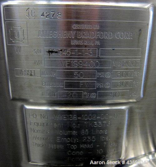 Used- 65 Liter Stainless Steel Allegheny Bradford Coned Pressure Tank