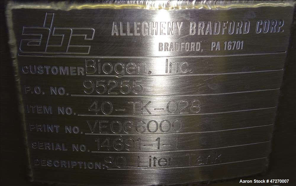 Used Allegheny Bradford Pressure Tank, Approximate 21 Gallons (80 Liters), 316