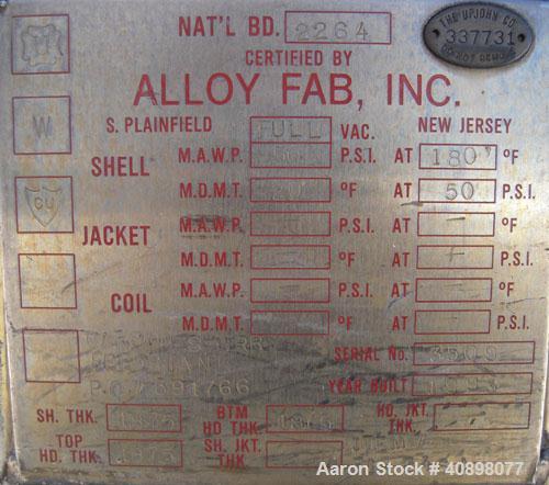 Used Alloy Fab Pressure Tank, 100 gallon, 304L stainless steel, vertical. 36" diameter x 18" straight side, dish top and bottom. Internal rated FV/50 psi at 180 deg F, and -20 deg F at 50 psi. Off ce...
