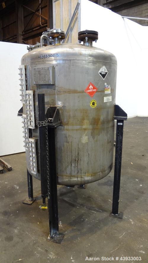 Used Alloy Fab Pressure Tank, 300 Gallons, 316L Stainless Steel, Vertical.  42” Diameter x 47” straight side, dish top and bottom.  Internal rated 60 psi/full vacuum at 100 degrees F.  Openings:  top...