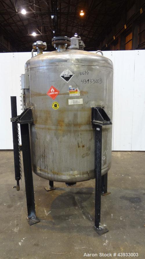 Used Alloy Fab Pressure Tank, 300 Gallons, 316L Stainless Steel, Vertical.  42” Diameter x 47” straight side, dish top and bottom.  Internal rated 60 psi/full vacuum at 100 degrees F.  Openings:  top...