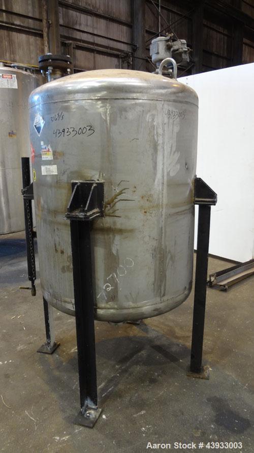Used Alloy Fab Pressure Tank, 300 Gallons, 316L Stainless Steel, Vertical.  42” Diameter x 47” straight side, dish top and bottom.  Internal rated 60 psi/full vacuum at 100 degrees F.  Openings:  top...