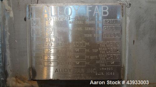Used Alloy Fab Pressure Tank, 300 Gallons, 316L Stainless Steel, Vertical.  42” Diameter x 47” straight side, dish top and bottom.  Internal rated 60 psi/full vacuum at 100 degrees F.  Openings:  top...