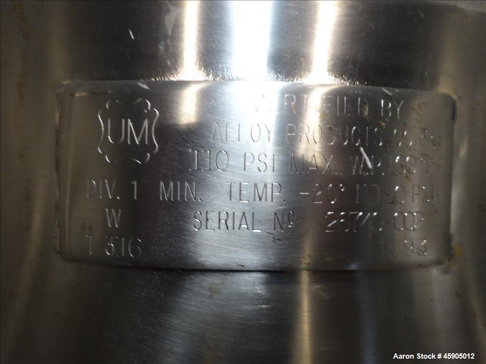 Used Alloy Products Pressure Tank, 25 Gallon, 316 Stainless Steel, Vertical. Approximate 18" diameter x 23" straight side, dished top and bottom. Internal rated 110 psi at -20 to 100 degrees F. Openi...