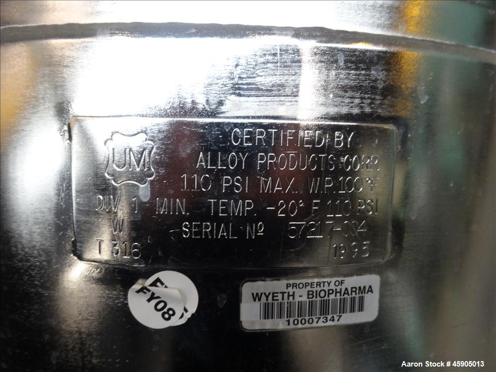 Used Alloy Products Pressure Tank, 25 Gallon, 316 Stainless Steel, Vertical. Approximate 18" diameter x 23" straight side, dished top and bottom. Internal rated 110 psi at -20 to 100 degrees F. Openi...