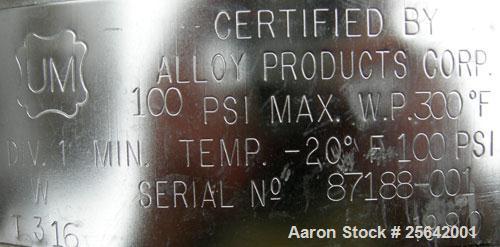 USED: Alloy Products Pressure Tank, 13 gallon, 316 stainless steel, vertical.  18" diameter x 10" straight side.  Dished top and bottom.  Internal rated 100 psi at 300 degrees F.  Openings: top (4) 1...