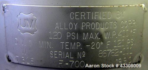Used Alloy Products Pressure Tank, 10 Gallon, 316 Stainless Steel, Vertical. 12” Diameter x 17” straight side. Dished top and bottom. Internal rated 120 psi at -20 to 400 degrees F. Openings top 3” x...