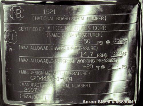 Used Alloy Products Pressure Tank, 33 Gallon, 316L Stainless Steel, Vertical. 17.71” Diameter x 29” straight side. Dished top and bottom. Internal rated 50 psi at -20 to 350 degrees F. Openings top (...