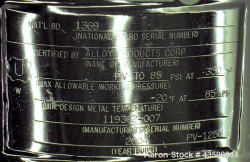 Used Alloy Products Pressure Tank, 33 Gallon, 316L Stainless Steel, Vertical. 17.71” Diameter x 29” straight side. Dished top and bottom. Internal rated Full Vacuum to 85 psi at -20 to 350 degrees F....