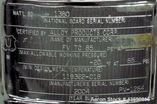 Used Alloy Products Pressure Tank, 33 Gallon, 316L Stainless Steel, Vertical. 17.71” Diameter x 29” straight side. Dished top and bottom. Internal rated Full Vacuum to 85 psi at -20 to 350 degrees F....