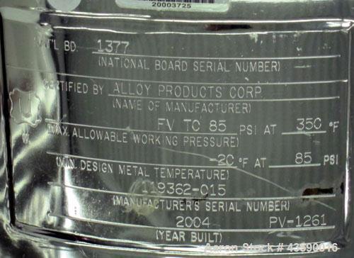 Used Alloy Products Pressure Tank, 33 Gallon, 316L Stainless Steel, Vertical. 17.71” Diameter x 29” straight side. Dished top and bottom. Internal rated Full Vacuum to 85 psi at -20 to 350 degrees F....