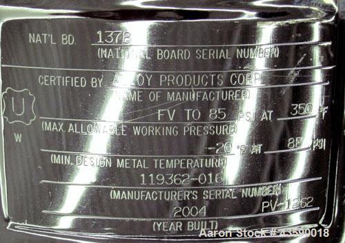Used Alloy Products Pressure Tank, 33 Gallon, 316L Stainless Steel, Vertical. 17.71” Diameter x 29” straight side. Dished top and bottom. Internal rated Full Vacuum to 85 psi at -20 to 350 degrees F....