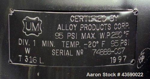 Used 33 Gallon Stainless Steel Alloy Products Pressure Tank