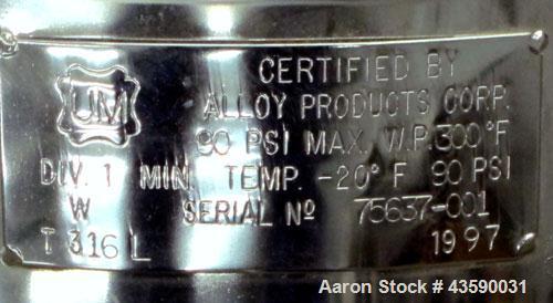 Used Alloy Products Pressure Tank, 33 Gallon, 316L Stainless Steel, Vertical. 17.71” Diameter x 29” straight side. Dished top and bottom. Internal rated 90 psi at -20 to 300 degrees F. Openings top (...