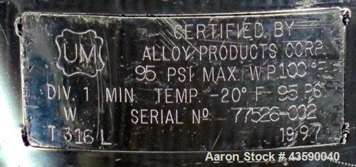 Used Alloy Products Pressure Tank, 25 Gallon, 316L Stainless Steel, Vertical. Approximate 18" diameter x 24" straight side. Dished top and bottom. Internal rated 95 psi at -20 to 100 degrees F. Openi...