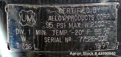 Used- Alloy Products Pressure Tank, 25 Gallon, 316L Stainless Steel, Vertical. Approximate 18" diameter x 24" straight side....