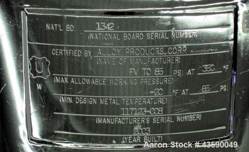 Used Alloy Products Pressure Tank, 33 Gallon, 316 Stainless Steel, Vertical. 17.71” Diameter x 29” straight side. Dished top and bottom. Internal rated Full Vacuum to 85 psi at -20 to 350 degrees F. ...