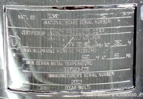 Used Alloy Products Pressure Tank, 33 Gallon, 316 Stainless Steel, Vertical. 17.71” Diameter x 29” straight side. Dished top and bottom. Internal rated Full Vacuum to 85 psi at -20 to 350 degrees F. ...