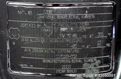 Used Alloy Products Pressure Tank, 33 Gallon, 316 Stainless Steel, Vertical. 17.71” Diameter x 29” straight side. Dished top and bottom. Internal rated Full Vacuum to 85 psi at -20 to 350 degrees F. ...