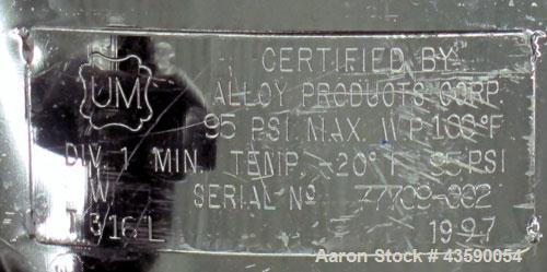 Used Alloy Products Pressure Tank, 25 Gallon, 316L Stainless Steel, Vertical. Approximate 18” diameter x 24” straight side. Dished top and bottom. Internal rated 95 psi at -20 to 100 degrees F. Openi...
