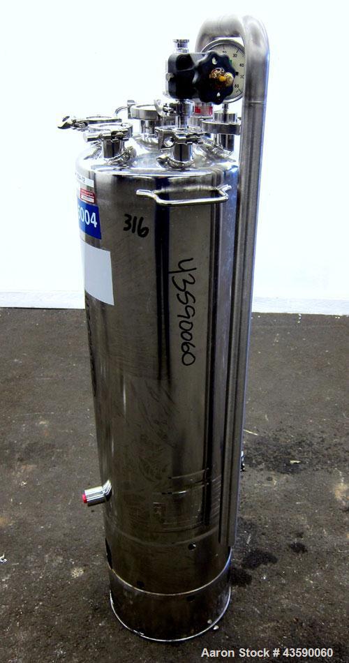 Used Alloy Products Pressure Tank, 15 Gallon, 316 Stainless Steel, Vertical. 12” Diameter x 30” straight side. Dished top and bottom. Internal rated Full Vacuum to 45 psi at -20 to 350 degrees F. Ope...