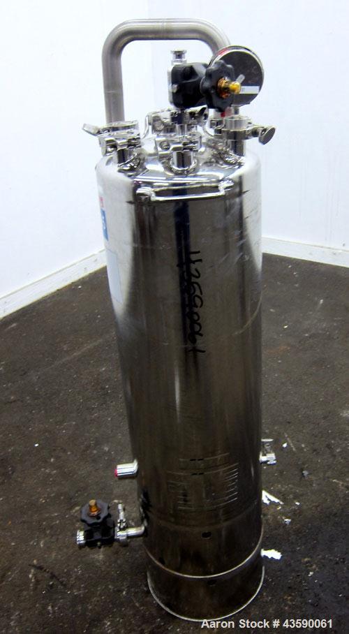Used Alloy Products Pressure Tank, 15 Gallon, 316 Stainless Steel, Vertical. 12” Diameter x 30” straight side. Dished top and bottom. Internal rated Full Vacuum to 45 psi at -20 to 350 degrees F. Ope...