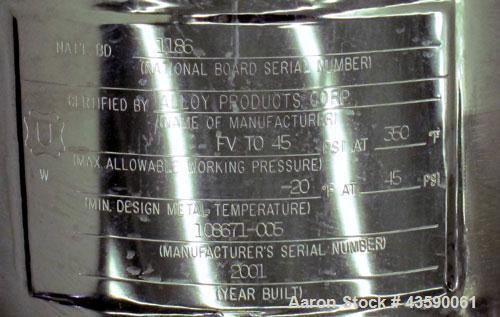 Used Alloy Products Pressure Tank, 15 Gallon, 316 Stainless Steel, Vertical. 12” Diameter x 30” straight side. Dished top and bottom. Internal rated Full Vacuum to 45 psi at -20 to 350 degrees F. Ope...