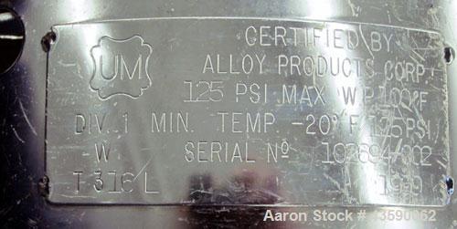 Used Alloy Products Pressure Tank, 2 Gallon, 316L Stainless Steel, Vertical. 12” Diameter x 4” straight side. Dished top and bottom. Internal rated 125 psi at -20 to 100 degrees F. Off center top ent...