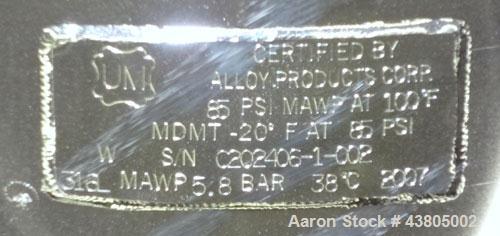 Used Alloy Products Pressure Tank, 36.99 Gallon (140 Liter), 316L Stainless Steel, Vertical. 17.74” Diameter x 29” straight side. Dished top and bottom. Internal rated 85 psi at -20 to 100 degrees F....