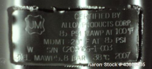 Used Alloy Products Pressure Tank, 36.99 Gallon (140 Liter), 316L Stainless Steel, Vertical. 17.74” Diameter x 29” straight side. Dished top and bottom. Internal rated 85 psi at -20 to 100 degrees F....