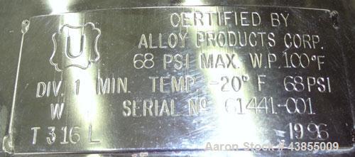 Used 45 Gallon Stainless Steel Alloy Products Pressure Tank