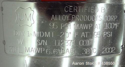 Used Alloy Products Pressure Tank, 25 Gallon, 316L Stainless Steel, Vertical. Approximate 18” Diameter x 24” straight side. Dished top and bottom. Internal rated 95 psi at -20 to 100 degrees F. Openi...