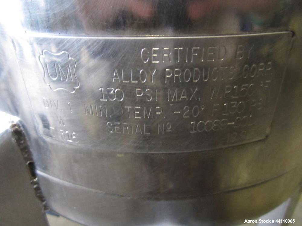 Used Alloy Products 316 vessel on platform with wheels. 130 psi @ 150 F, s#10084-001, B # 1662  with pupescentric drive