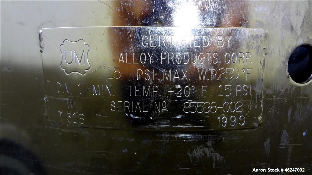 Used 36 Gallon Stainless Steel Alloy Products Pressure Tank