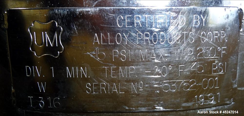 Used 36 Gallon Stainless Steel Alloy Products Pressure Tank