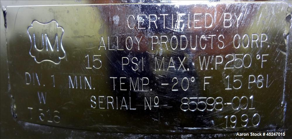 Used 36 Gallon Stainless Steel Alloy Products Pressure Tank