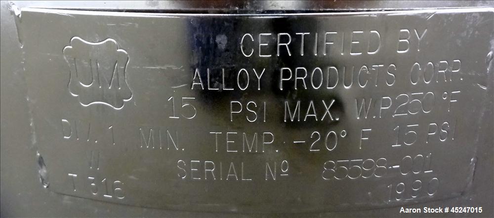 Used 36 Gallon Stainless Steel Alloy Products Pressure Tank