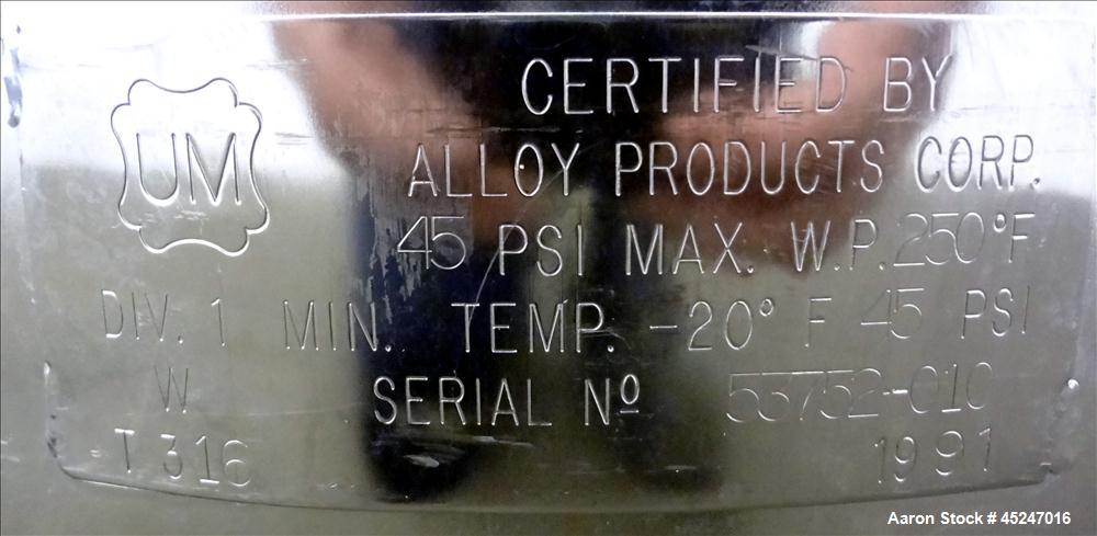 Used 36 Gallon Stainless Steel Alloy Products Pressure Tank