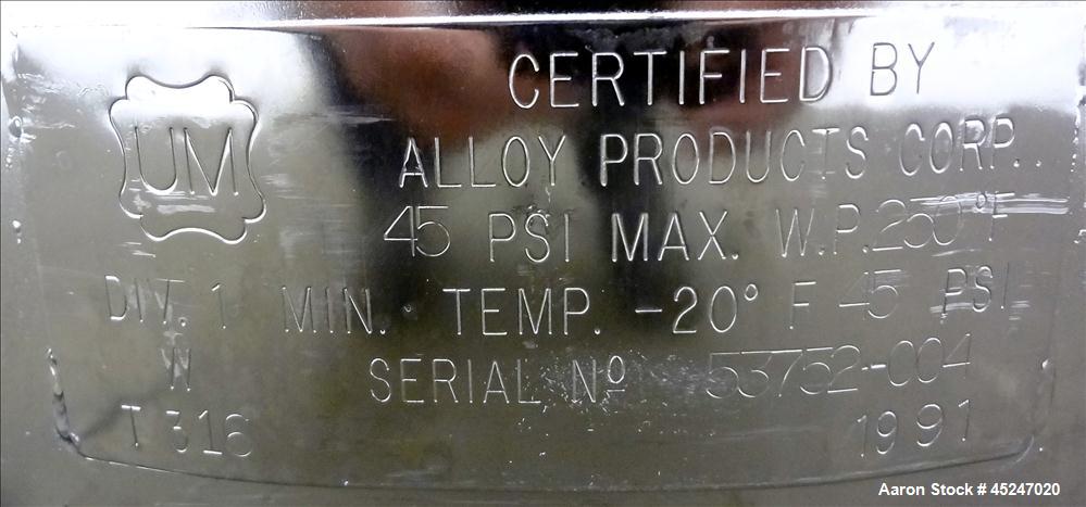 Used 36 Gallon Stainless Steel Alloy Products Pressure Tank