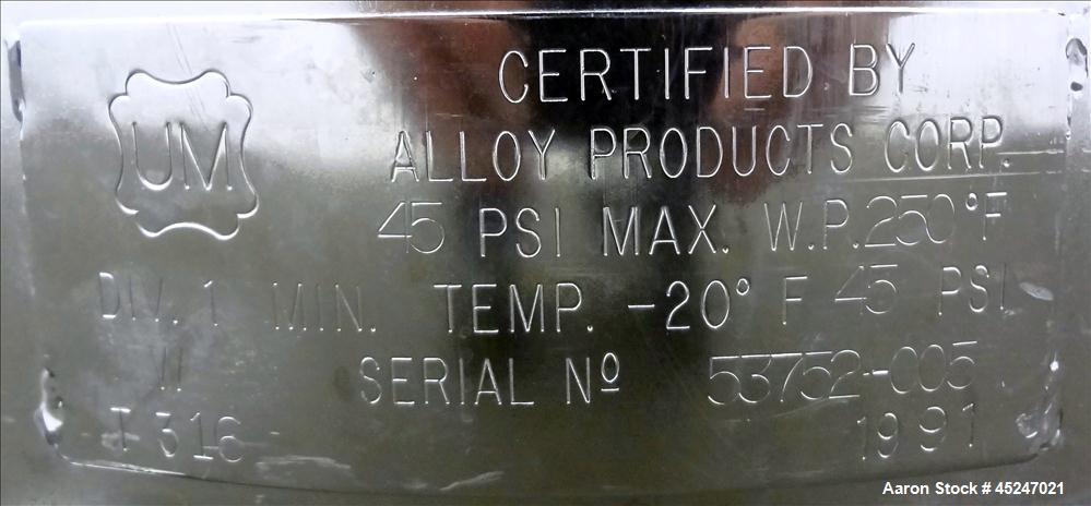 Used 36 Gallon Stainless Steel Alloy Products Pressure Tank