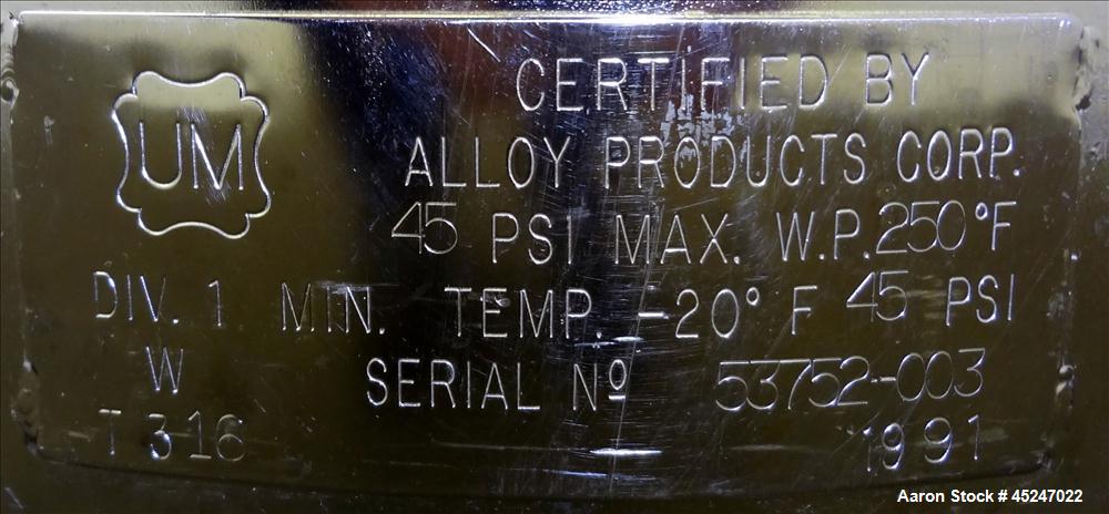 Used 36 Gallon Stainless Steel Alloy Products Pressure Tank