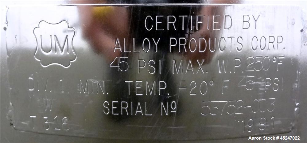 Used 36 Gallon Stainless Steel Alloy Products Pressure Tank