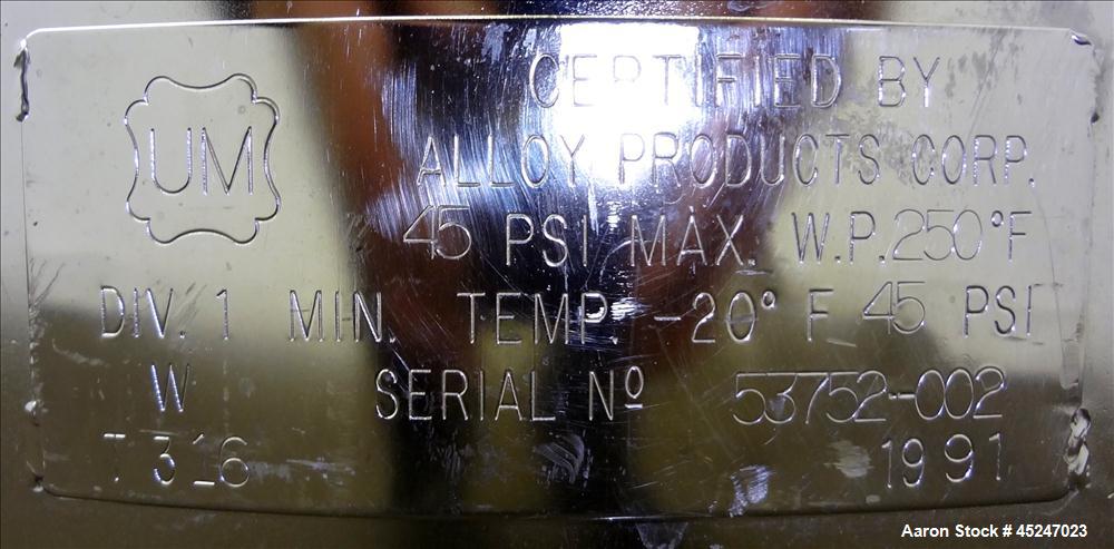 Used 36 Gallon Stainless Steel Alloy Products Pressure Tank