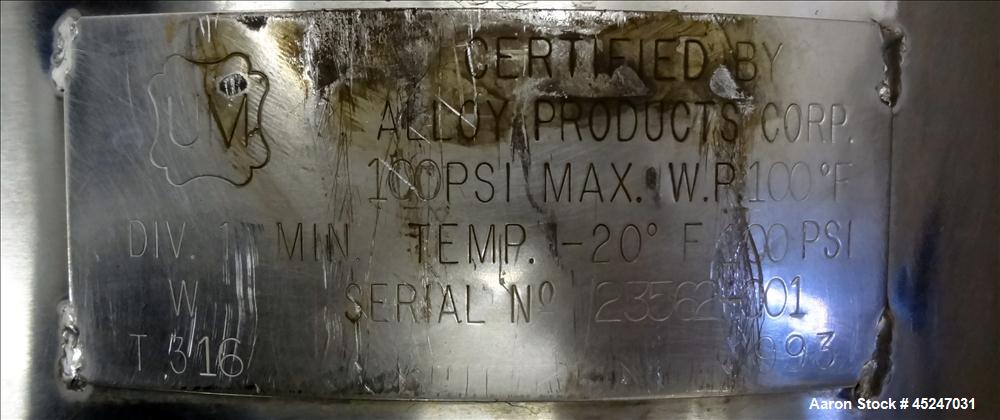 Used 36 Gallons Stainless Steel Alloy Products Pressure Tank