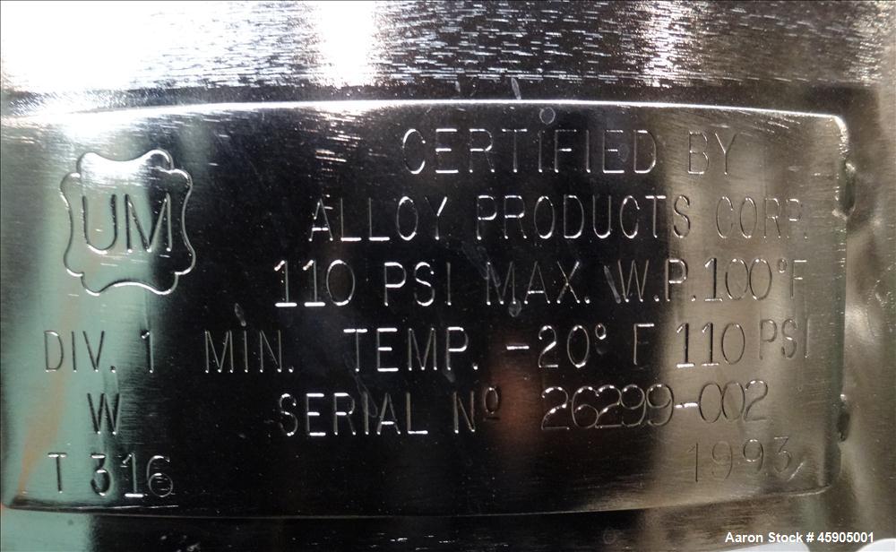 Used Alloy Products Pressure Tank, 30 Gallon, 316 Stainless Steel, Vertical. Approximate 18" diameter x 29" straight side, dished top and bottom. Internal rated 110 psi at -20 to 100 degrees F. Openi...