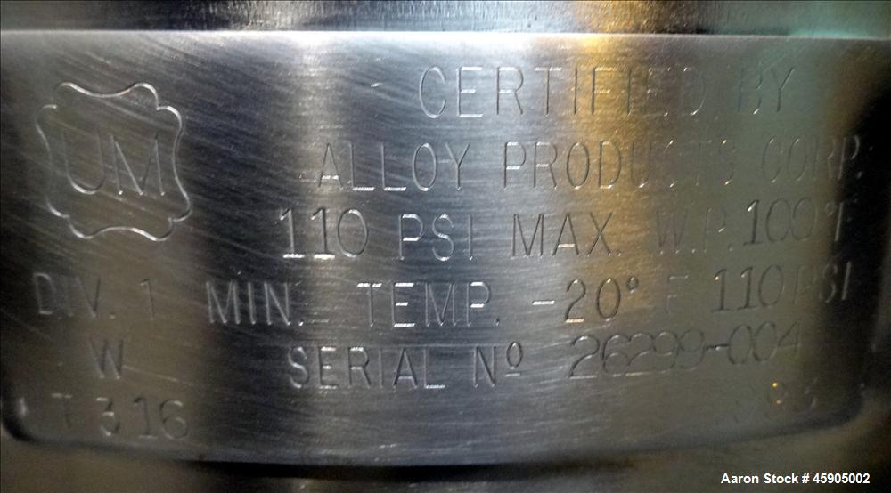 Used Alloy Products Pressure Tank, 30 Gallon, 316 Stainless Steel, Vertical. Approximate 18" diameter x 29" straight side, dished top and bottom. Internal rated 110 psi at -20 to 100 degrees F. Openi...