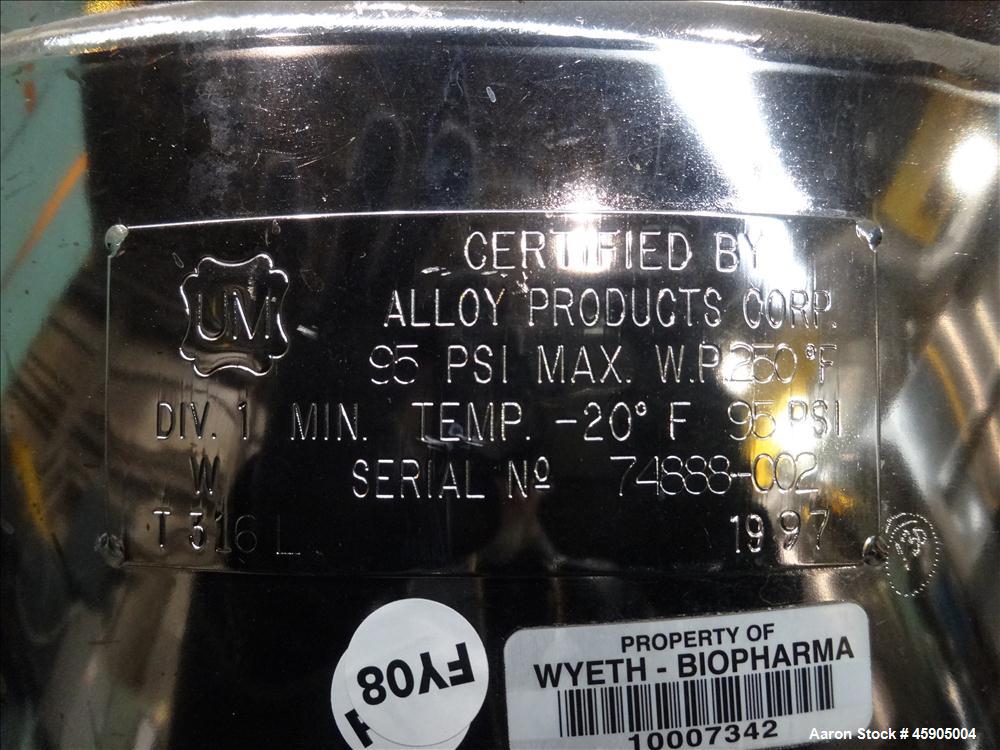Used Alloy Products Pressure Tank, 30 Gallon, 316L Stainless Steel, Vertical. Approximate 18" diameter x 29" straight side, dished top and bottom. Internal rated 95 psi at -20 to 250 degrees F. Openi...