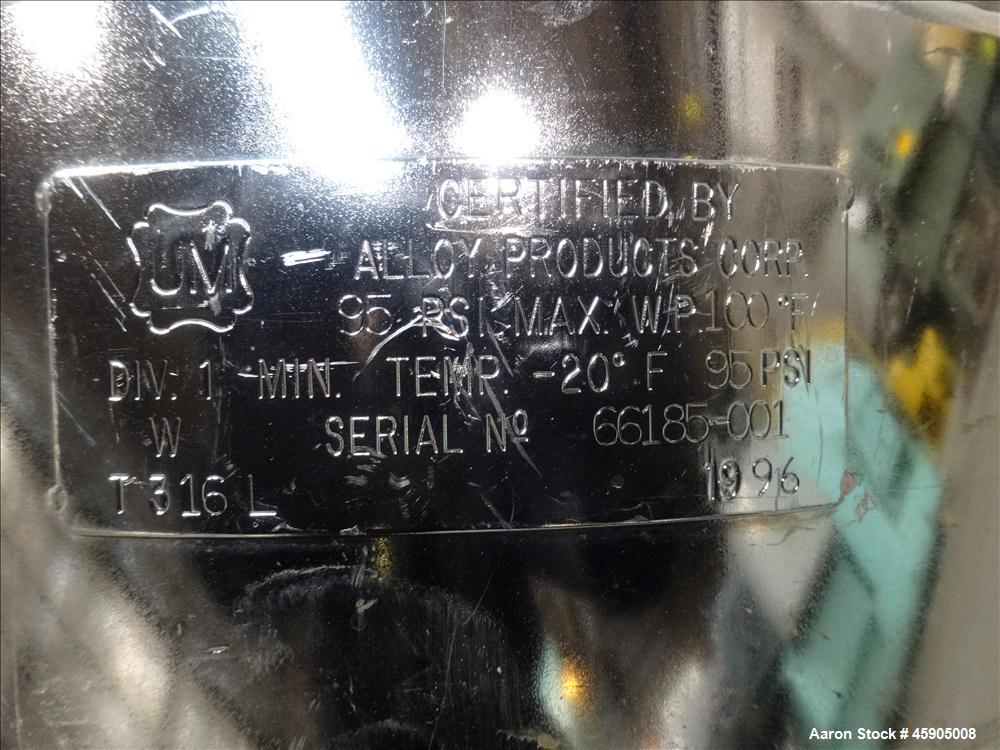 Used Alloy Products Pressure Tank, 30 Gallon, 316L Stainless Steel, Vertical. Approximate 18" diameter x 29" straight side, dished top and bottom. Internal rated 95 psi at -20 to 100 degrees F. Openi...