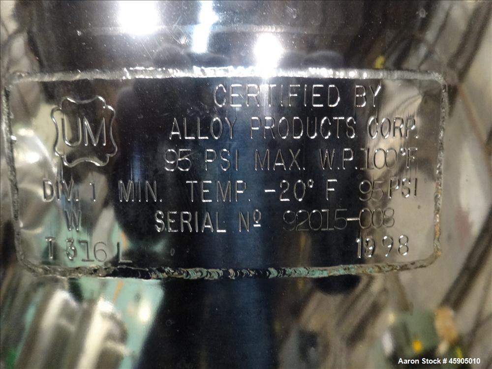 Used Alloy Products Pressure Tank, 30 Gallon, 316L Stainless Steel, Vertical. Approximate 18" diameter x 29" straight side, dished top and bottom. Internal rated 95 psi at -20 to 100 degrees F. Openi...