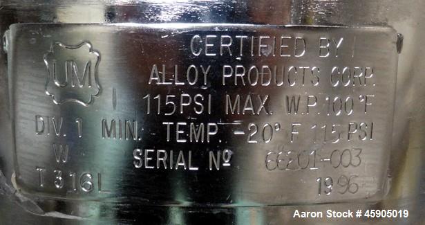 Used Alloy Products Pressure Tank, 6 Gallon, 316L Stainless Steel, Vertical. Approximate 12" diameter x 13" straight side, dished top and bottom. Internal rated 115 psi at -20 to 100 degrees F. Openi...
